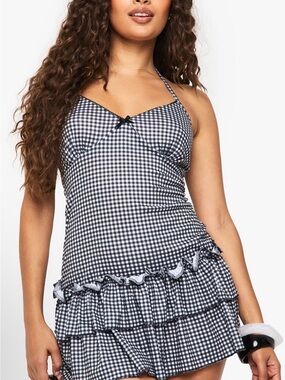 Boohoo Black White Gingham Halter Ruffle Dress